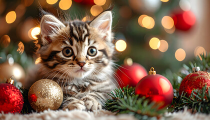 cat and christmas tree, new year background