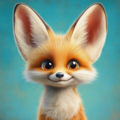 Adorable Cartoon Fox Character with Big Ears and Cheerful Expression on Bright Blue Background