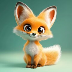 Cute and Playful Cartoon Fox with Large Eyes and Fluffy Tail on Soft Pastel Background