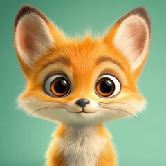 Adorable cartoon fox character with big eyes and fluffy ears on a light teal background