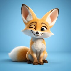 Adorable Cartoon Fox Character with Big Ears and Playful Expression on a Solid Blue Background