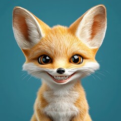 Adorable cartoon fox with large eyes and cheerful expression against a turquoise backdrop