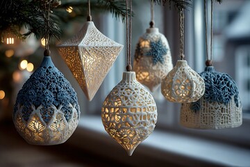 Exquisite 3D-printed ceramic Christmas ornaments hanging from a tree, glowing softly, creating a magical winter scene.
