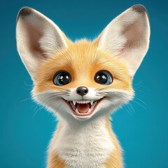 Cute and Playful Cartoon Fox with Big Eyes and Cheerful Smile on Blue Background