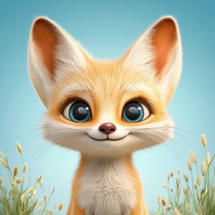 Cute cartoon fox character with large blue eyes and fluffy ears against a bright blue background