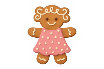 Gingerbread girl cookie with pink polka dot dress and icing details, smiling isolated on transparent background