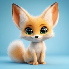 Adorable cartoon fox character with big eyes and fluffy tail on a bright blue background