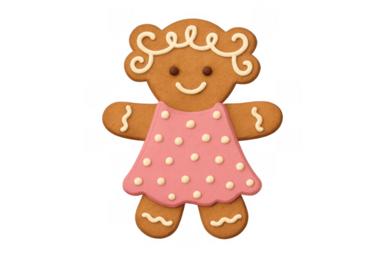 Gingerbread girl cookie with pink polka dot dress and icing details, smiling isolated on transparent background