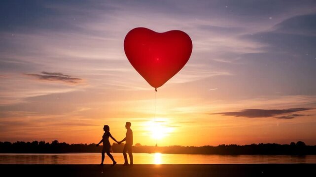 Silhouette of a couple holding hands with a heart shaped balloon at sunset