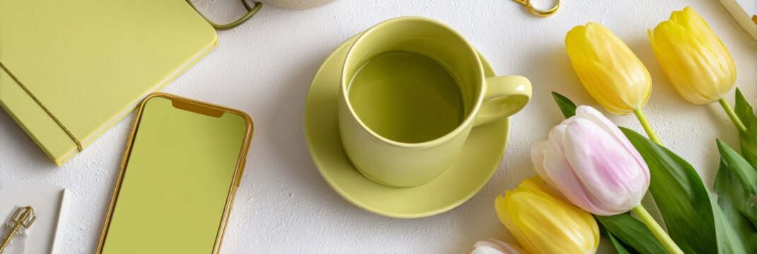 Colorful flatlay presents a chartreuse cup, notebook, phone, and yellow tulips, celebrating a fresh and bold color trend