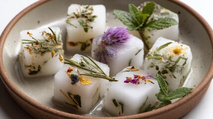 Handcrafted vinegar cubes frozen with herbs and edible flowers in a rustic bowl, showcasing artisanal culinary trends and the beauty of fermented food