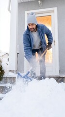 Man shoveling snow from stairs in cozy winter attire, creating a warm atmosphere during the winter solstice and embracing the season's beauty