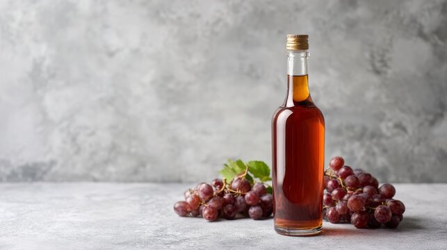 Artisanal grape vinegar in elegant tall bottle, surrounded by fresh grapes on textured surface, showcasing culinary trend in gourmet cooking and fermented food