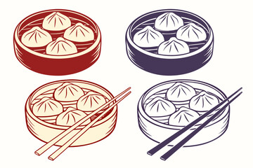 set of Dumpling bowl and chopsticks silhouette vector illustration isolated on white background