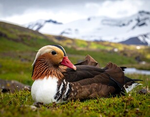 A vibrant Mandarin duck rests on grass, mountains in the distance