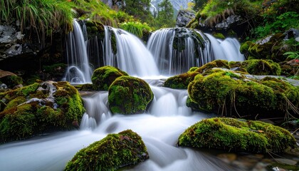 Fototapeta premium Cascading Waterfall Over Moss Covered Rocks With Bright Green Foliage And Sparkling Lights In A Forest During Daylight