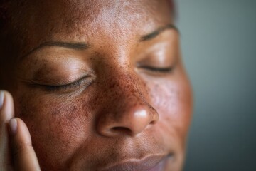 Obraz premium Closeup of a person touching their face softly with closed eyes, expression of self-awareness and rebirth.