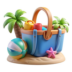 3d beach picnic basket with toys and palm trees isolated on transparent background