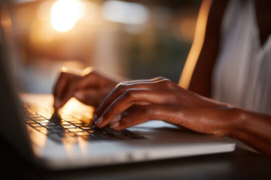 Closeup of a laptop screen showing checkout page, warm glow on user’s hands as they confirm purchase.