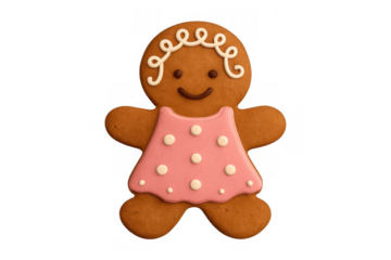 Gingerbread woman cookie with pink dress and white polka dots, celebrating christmas and holiday season