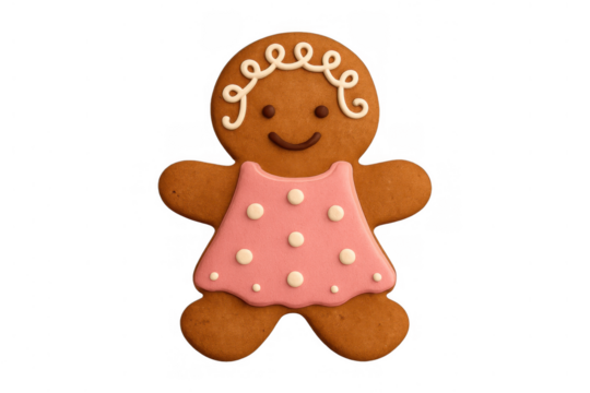 Gingerbread woman cookie with pink dress and white polka dots, celebrating christmas and holiday season