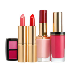 3d luxury cosmetics collection lipsticks and nail polish isolated on transparent background