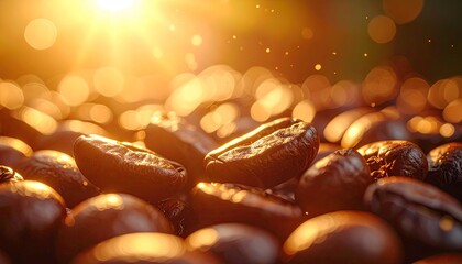 Close up of rich dark coffee beans illuminated by warm golden sunlight creating a bokeh effect in a shallow depth of field perfect for a morning brew advertisement