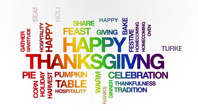 Happy Thanksgiving concept Animated Tag Word Cloud kinetic typography, Text Design Animation typography seamless loop video motion graphics Intro, Word Art Looping 4k rainbow type on white bg backdrop