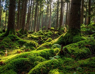 Sunlit Mossy Forest Floor