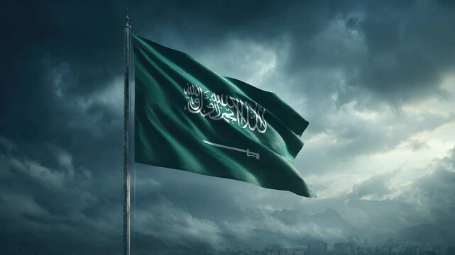 A vibrant green flag emblazoned with Arabic script and a sword waves against a dramatic sky