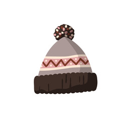 Warm beanie hat, knitted winter cap. Thick soft headwear. Head accessory with pompom, zigzag pattern. Seasonal wool clothing for cold weather. Flat vector illustration isolated on white background