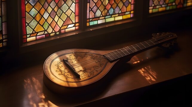 Premium high‑resolution image of an antique string instrument lute placed next to a vibrant stained glass window inside a heritage building capturing intricate texture, warm wood tonguitar on the wall