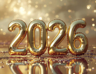 2026 golden aluminium foil balloons on luxurious golden background