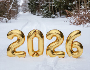 new year background, golden 2026 numbers on snow covered road