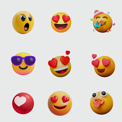 Fototapeta premium Cute 3D Emoji Set Happy, Love, Party Emoticons Pack