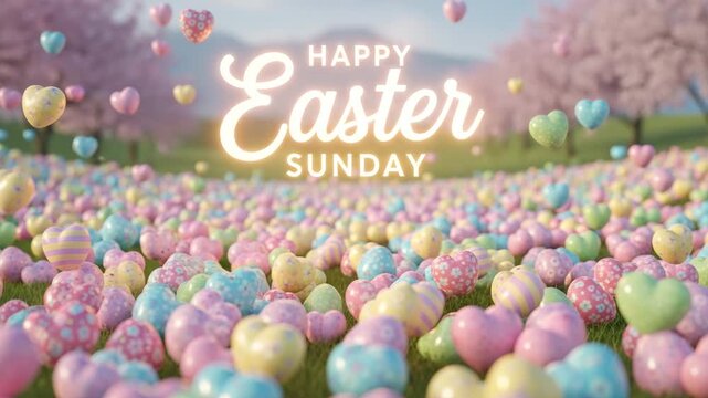 Happy easter sunday message with colorful heart shaped eggs and cherry blossoms