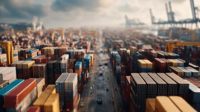 Global Trade Metropolis: An expansive view of a bustling shipping port, showcasing a complex network of container ships, cranes, and logistics. This vibrant scene underscores global commerce.