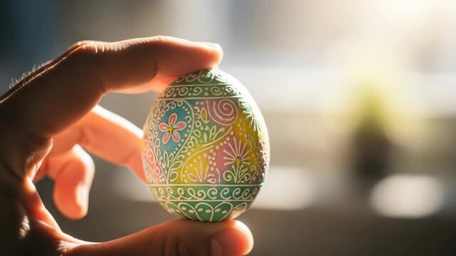 Hand holding a decorated easter egg with floral patterns in bright sunlight