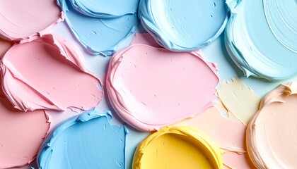 淡いブルー、柔らかなピンク、クリーミーなイエロー、そしてごく薄いブルーといったパステルカラーの絵の具が、平らな表面に厚塗りされたテクスチャのクローズアップです。絵の具の立体感や粘り気が伝わるマクロ撮影で、優しい色の組み合わせ