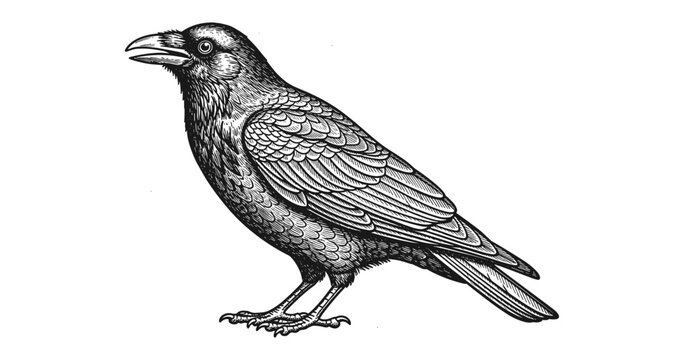 Detailed black and white engraving of a crow on white background