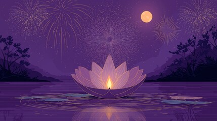 A serene lotus flower floats on water, illuminated by a glowing candle, surrounded by vibrant fireworks in a purple night sky.
