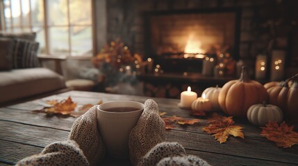 A cozy autumn scene featuring warm drinks, pumpkins, and a crackling fireplace, evoking feelings of comfort and relaxation.