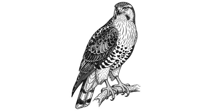 Intricate black and white hawk illustration on branch showcasing detailed feather patterns