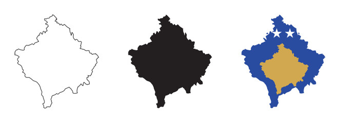 Kosovo map vector set with editable country outline black silhouette and national flag design featuring blue background with yellow map and white stars for geography and education illustration use