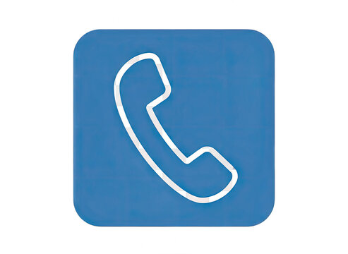 A simple outline of a telephone receiver symbol in white against a solid blue square background representing communication and contact