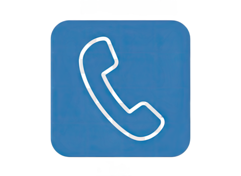 A simple outline of a telephone receiver symbol in white against a solid blue square background representing communication and contact