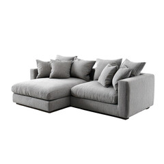 Fototapeta premium Modern gray fabric sectional sofa with chaise and cushions isolated on Transparent Background