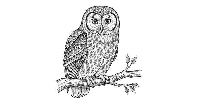 Detailed hand drawn owl on branch with intricate feather patterns
