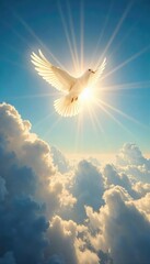 A single, glowing dove descends towards a peaceful, sun-drenched landscape, symbolizing hope, redemption, and spiritual peace  Perfect for religious or inspirational themes ,  nature,  christianity