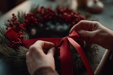 A hands-on moment creating a festive wreath with red ribbons and berries, capturing the essence of holiday spirit and craftsmanship.